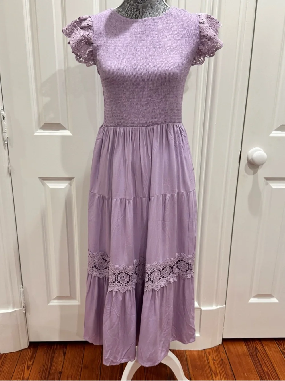 NEW Milkmaid Smocked Maxi Dress Size M Lavender Tiered Crochet Boho - Picture 1 of 10